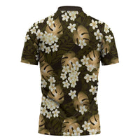 Gold Tropical Hawaii Zipper Polo Shirt Seamless Monstera Plumeria Hawaiian Pattern - Polynesian Pride