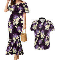 Purple Tropical Hawaii Couples Matching Mermaid Dress and Hawaiian Shirt Seamless Monstera Plumeria Hawaiian Pattern - Polynesian Pride