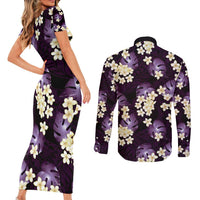 Purple Tropical Hawaii Couples Matching Short Sleeve Bodycon Dress and Long Sleeve Button Shirt Seamless Monstera Plumeria Hawaiian Pattern - Polynesian Pride