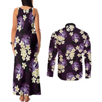 Purple Tropical Hawaii Couples Matching Tank Maxi Dress and Long Sleeve Button Shirt Seamless Monstera Plumeria Hawaiian Pattern - Polynesian Pride
