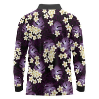 Purple Tropical Hawaii Long Sleeve Polo Shirt Seamless Monstera Plumeria Hawaiian Pattern - Polynesian Pride