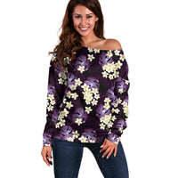 Purple Tropical Hawaii Off Shoulder Sweater Seamless Monstera Plumeria Hawaiian Pattern - Polynesian Pride