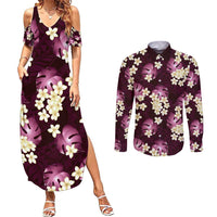 Pink Tropical Hawaii Couples Matching Summer Maxi Dress and Long Sleeve Button Shirt Seamless Monstera Plumeria Hawaiian Pattern - Polynesian Pride