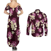 Pink Tropical Hawaii Couples Matching Summer Maxi Dress and Long Sleeve Button Shirt Seamless Monstera Plumeria Hawaiian Pattern - Polynesian Pride