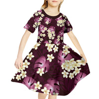 Pink Tropical Hawaii Kid Short Sleeve Dress Seamless Monstera Plumeria Hawaiian Pattern - Polynesian Pride