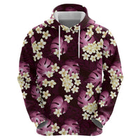 Pink Tropical Hawaii Zip Hoodie Seamless Monstera Plumeria Hawaiian Pattern - Polynesian Pride