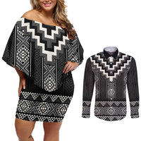 Black Taniko Aotearoa Couples Matching Off Shoulder Short Dress and Long Sleeve Button Shirt Niho Taniwha Mix Poutama LT14