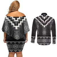 Black Taniko Aotearoa Couples Matching Off Shoulder Short Dress and Long Sleeve Button Shirt Niho Taniwha Mix Poutama LT14