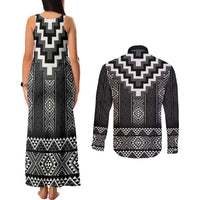 Black Taniko Aotearoa Couples Matching Tank Maxi Dress and Long Sleeve Button Shirt Niho Taniwha Mix Poutama LT14