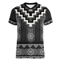 Black Taniko Aotearoa Women V-Neck T-Shirt Niho Taniwha Mix Poutama LT14