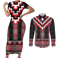 Red Taniko Aotearoa Couples Matching Short Sleeve Bodycon Dress and Long Sleeve Button Shirt Niho Taniwha Mix Poutama LT14
