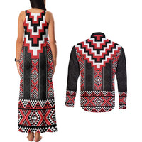 Red Taniko Aotearoa Couples Matching Tank Maxi Dress and Long Sleeve Button Shirt Niho Taniwha Mix Poutama LT14 - Polynesian Pride