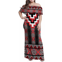 Red Taniko Aotearoa Family Matching Off Shoulder Maxi Dress and Hawaiian Shirt Niho Taniwha Mix Poutama LT14