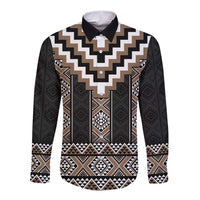 Brown Taniko Aotearoa Long Sleeve Button Shirt Niho Taniwha Mix Poutama LT14