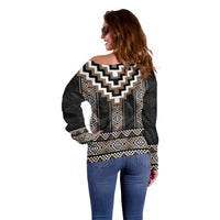 Brown Taniko Aotearoa Off Shoulder Sweater Niho Taniwha Mix Poutama LT14