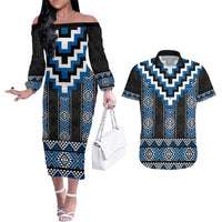 Blue Taniko Aotearoa Couples Matching Off The Shoulder Long Sleeve Dress and Hawaiian Shirt Niho Taniwha Mix Poutama LT14