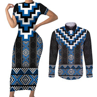 Blue Taniko Aotearoa Couples Matching Short Sleeve Bodycon Dress and Long Sleeve Button Shirt Niho Taniwha Mix Poutama LT14