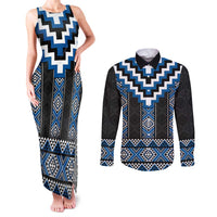 Blue Taniko Aotearoa Couples Matching Tank Maxi Dress and Long Sleeve Button Shirt Niho Taniwha Mix Poutama LT14 Blue - Polynesian Pride