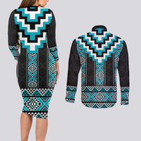 Turquoise Taniko Pattern Aotearoa Couples Matching Long Sleeve Bodycon Dress and Long Sleeve Button Shirt Niho Taniwha Mix Poutama LT14