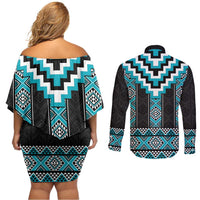 Turquoise Taniko Pattern Aotearoa Couples Matching Off Shoulder Short Dress and Long Sleeve Button Shirt Niho Taniwha Mix Poutama LT14