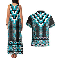 Turquoise Taniko Pattern Aotearoa Couples Matching Tank Maxi Dress and Hawaiian Shirt Niho Taniwha Mix Poutama LT14