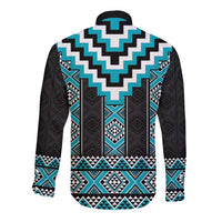 Turquoise Taniko Pattern Aotearoa Long Sleeve Button Shirt Niho Taniwha Mix Poutama LT14