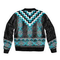 Turquoise Taniko Pattern Aotearoa Sleeve Zip Bomber Jacket Niho Taniwha Mix Poutama LT14