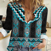 Turquoise Taniko Pattern Aotearoa Women Casual Shirt Niho Taniwha Mix Poutama LT14