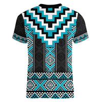 Turquoise Taniko Pattern Aotearoa Women V-Neck T-Shirt Niho Taniwha Mix Poutama LT14