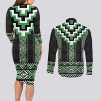 Green Taniko Pattern Aotearoa Couples Matching Long Sleeve Bodycon Dress and Long Sleeve Button Shirt Niho Taniwha Mix Poutama LT14