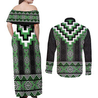 Green Taniko Pattern Aotearoa Couples Matching Off Shoulder Maxi Dress and Long Sleeve Button Shirt Niho Taniwha Mix Poutama LT14
