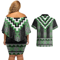Green Taniko Pattern Aotearoa Couples Matching Off Shoulder Short Dress and Hawaiian Shirt Niho Taniwha Mix Poutama LT14