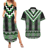 Green Taniko Pattern Aotearoa Couples Matching Summer Maxi Dress and Hawaiian Shirt Niho Taniwha Mix Poutama LT14