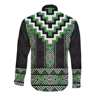 Green Taniko Pattern Aotearoa Long Sleeve Button Shirt Niho Taniwha Mix Poutama LT14
