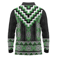 Green Taniko Pattern Aotearoa Long Sleeve Polo Shirt Niho Taniwha Mix Poutama LT14