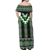 Green Taniko Pattern Aotearoa Off Shoulder Maxi Dress Niho Taniwha Mix Poutama LT14