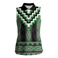Green Taniko Pattern Aotearoa Women Sleeveless Polo Shirt Niho Taniwha Mix Poutama LT14