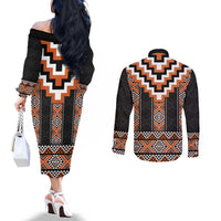 Orange Taniko Pattern Aotearoa Couples Matching Off The Shoulder Long Sleeve Dress and Long Sleeve Button Shirt Niho Taniwha Mix Poutama LT14