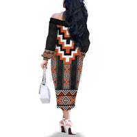 Orange Taniko Pattern Aotearoa Family Matching Off The Shoulder Long Sleeve Dress and Hawaiian Shirt Niho Taniwha Mix Poutama LT14
