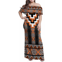 Orange Taniko Pattern Aotearoa Family Matching Off Shoulder Maxi Dress and Hawaiian Shirt Niho Taniwha Mix Poutama LT14