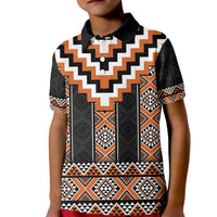 Orange Taniko Pattern Aotearoa Kid Polo Shirt Niho Taniwha Mix Poutama LT14