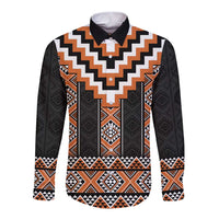Orange Taniko Pattern Aotearoa Long Sleeve Button Shirt Niho Taniwha Mix Poutama LT14