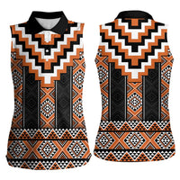 Orange Taniko Pattern Aotearoa Women Sleeveless Polo Shirt Niho Taniwha Mix Poutama LT14