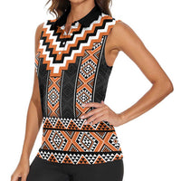 Orange Taniko Pattern Aotearoa Women Sleeveless Polo Shirt Niho Taniwha Mix Poutama LT14