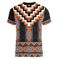 Orange Taniko Pattern Aotearoa Women V-Neck T-Shirt Niho Taniwha Mix Poutama LT14
