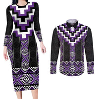 Purple Taniko Pattern Aotearoa Couples Matching Long Sleeve Bodycon Dress and Long Sleeve Button Shirt Niho Taniwha Mix Poutama LT14