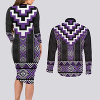 Purple Taniko Pattern Aotearoa Couples Matching Long Sleeve Bodycon Dress and Long Sleeve Button Shirt Niho Taniwha Mix Poutama LT14