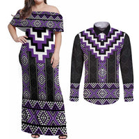 Purple Taniko Pattern Aotearoa Couples Matching Off Shoulder Maxi Dress and Long Sleeve Button Shirt Niho Taniwha Mix Poutama LT14