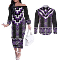 Purple Taniko Pattern Aotearoa Couples Matching Off The Shoulder Long Sleeve Dress and Long Sleeve Button Shirt Niho Taniwha Mix Poutama LT14