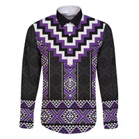 Purple Taniko Pattern Aotearoa Family Matching Long Sleeve Bodycon Dress and Hawaiian Shirt Niho Taniwha Mix Poutama LT14